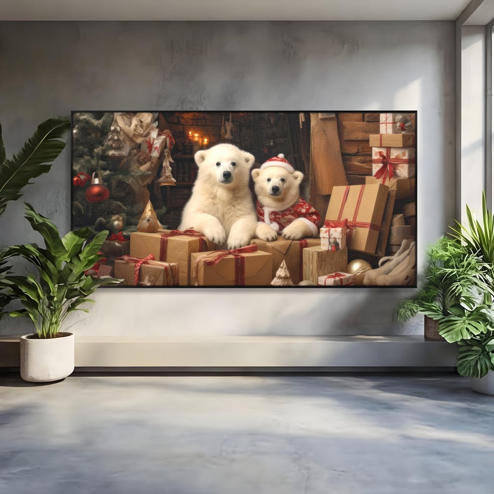 Tablou canvas cu doi ursuleti polari printre cadouri de craciun, in rama de aluminiu negru